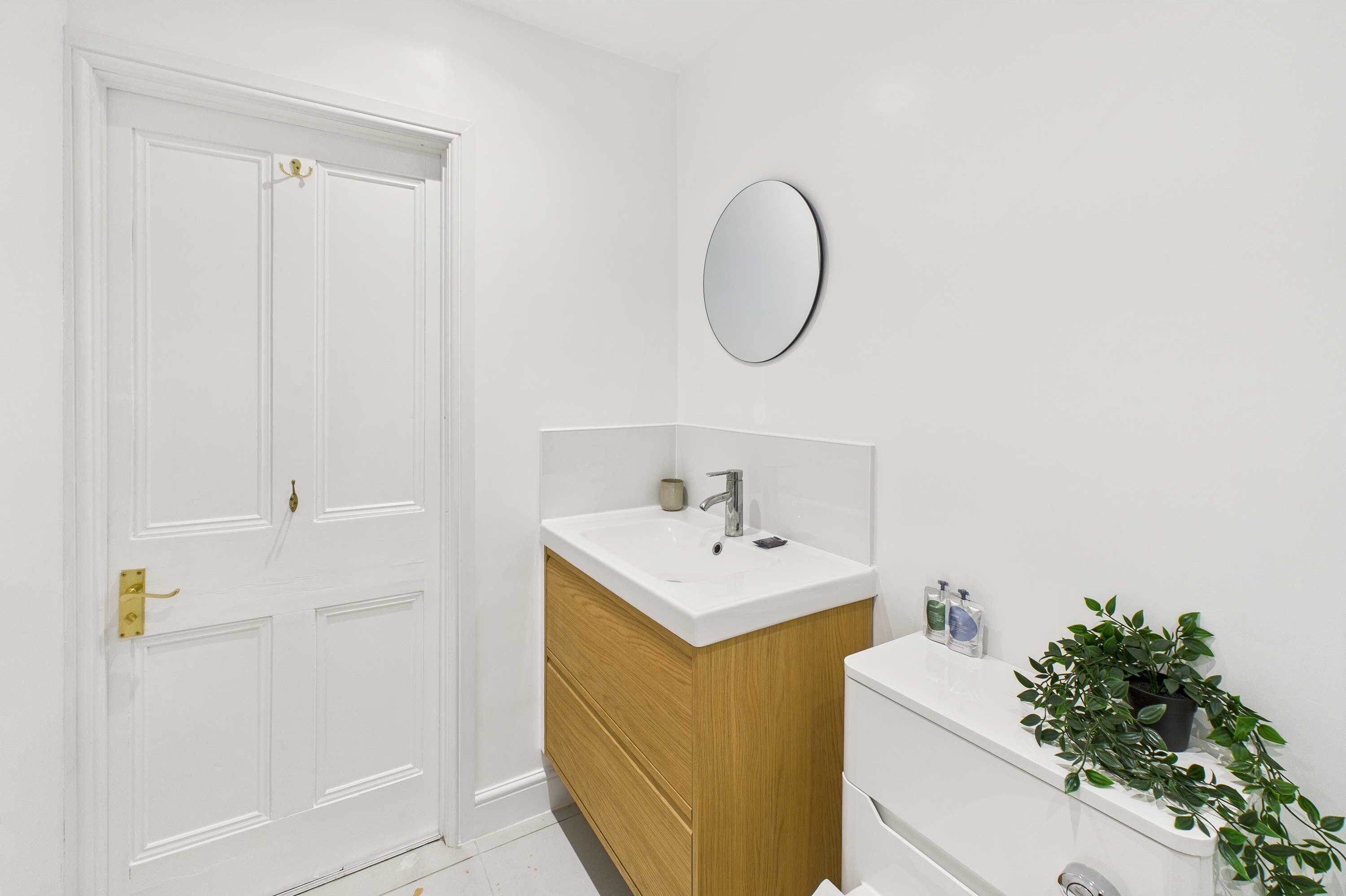 A bathroom with a white door, a wooden vanity with a white sink, a round mirror, and a potted plant.