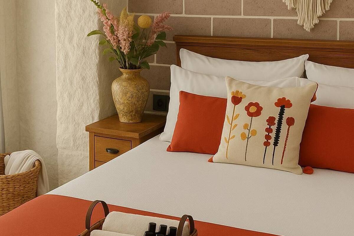 Una cama bien hecha con cabecera de madera, una mesita de noche con un florero y un adorno de macramé en la pared.
