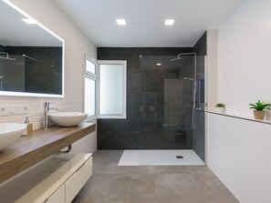 Shower, hair dryer, towels