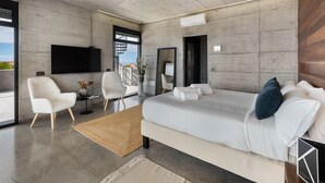A modern bedroom with a large bed, a flat-screen TV, and a view of the outdoors.