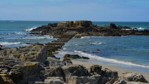 A rocky shoreline with a wooden walkway leading to a small island.