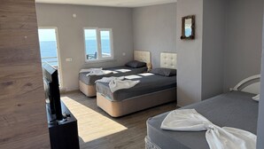 Une chambre avec deux lits, une télévision et une fenêtre donnant sur un beau paysage.