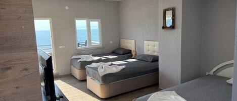 A bedroom with two beds, a television, and a window with a view.