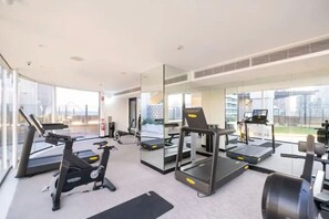 A modern gym with treadmills, stationary bikes, and weight machines. - Elegant Hyde Park View Retreat with Rooftop Spa Sauna Pool and Gym (Darlinghurst)