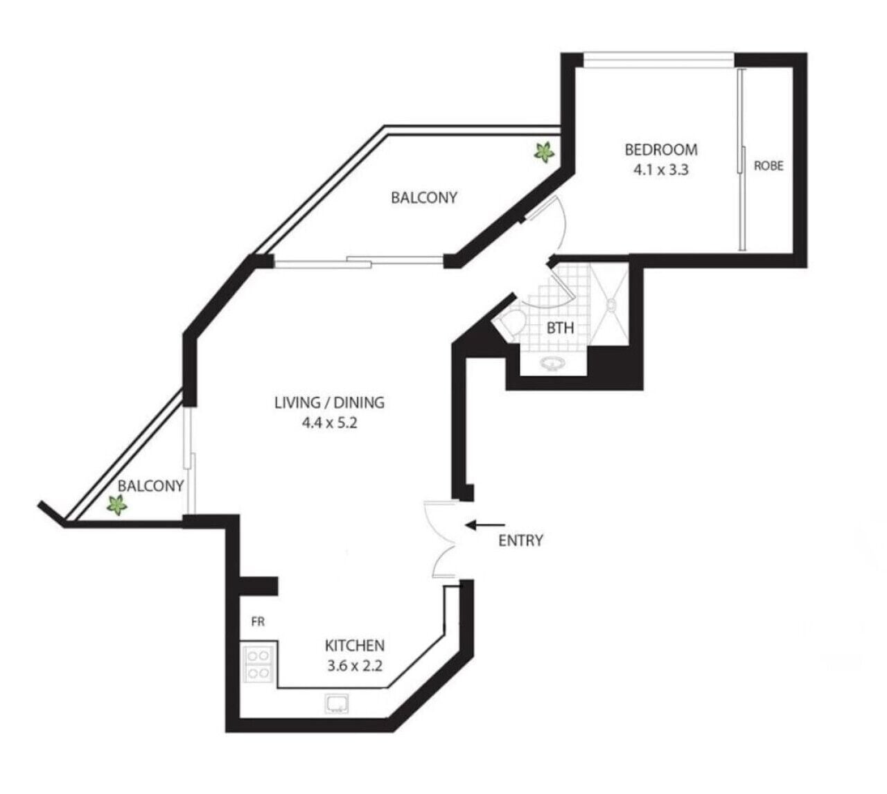A floor plan of a hotel room with a balcony, living/dining area, kitchen, bathroom, and bedroom.