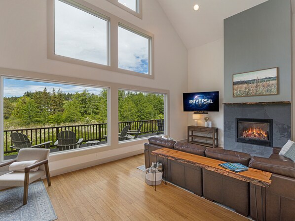 スマートテレビ、暖炉、書庫