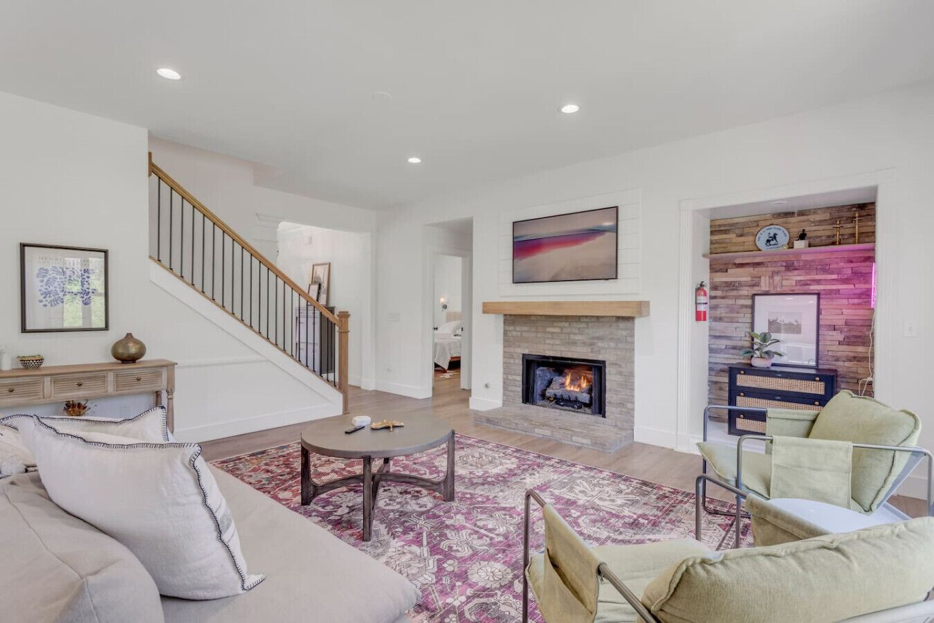 TV, fireplace, foosball