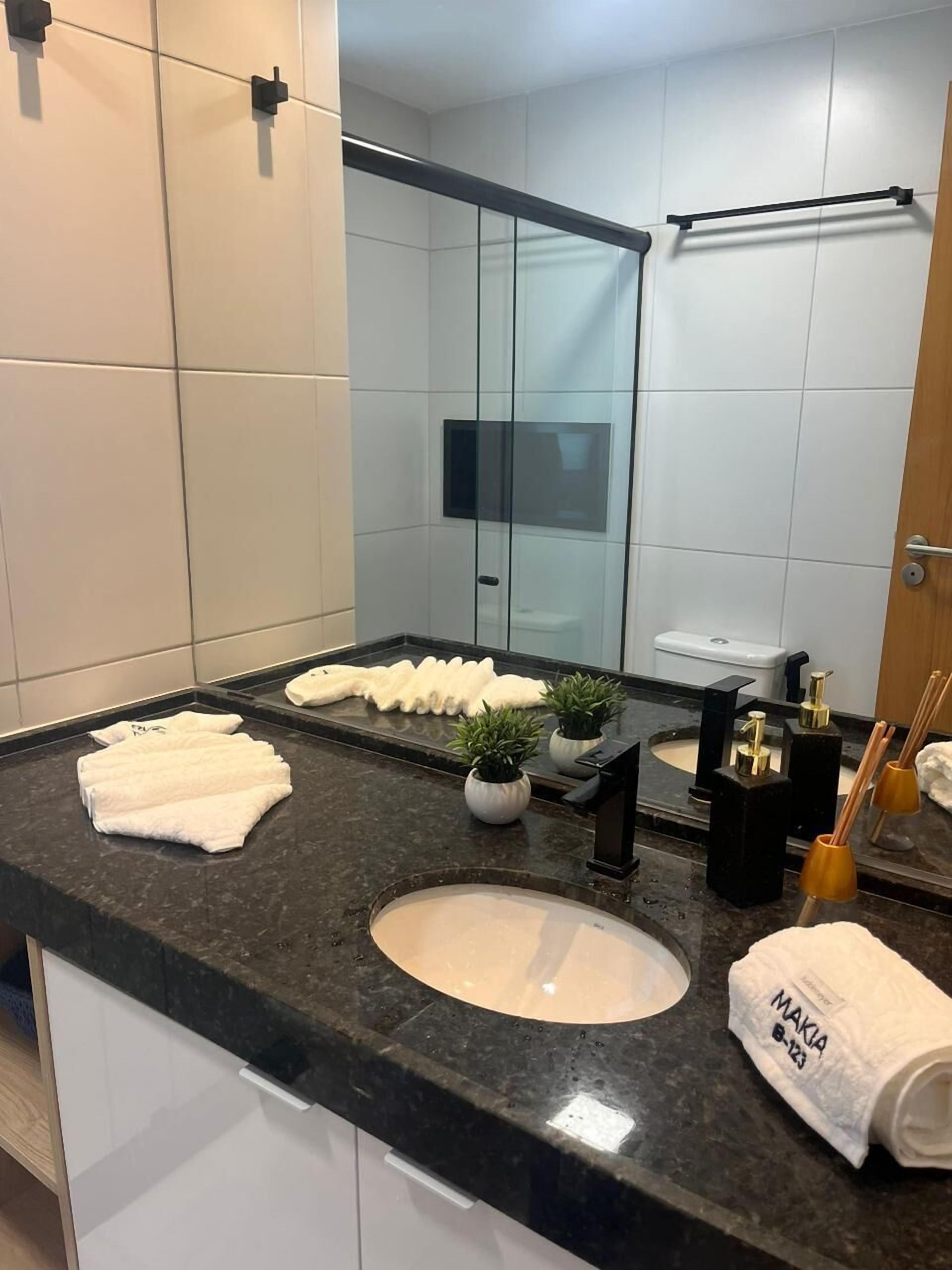 A modern bathroom with a black granite countertop, a white sink, and a large mirror. There are two potted plants, a towel rack, and a towel on the counter.
