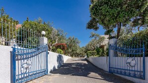 A paved pathway flanked by blue gates leading to a building. - Astra Beach Studio 2 (Pylos-Nestoras)