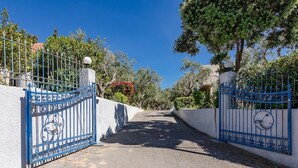 A paved pathway leading to a gated entrance with blue metal gates and a white wall on one side. - Astra Beach Studio 4 (Pylos-Nestoras)