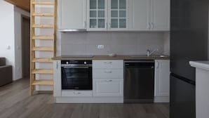 A compact kitchen with white cabinets, a stainless steel dishwasher, and a wooden ladder. - Villa Andrea Apartments - Ljubljana (Ljubljana)
