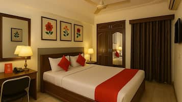 In-room safe, desk, laptop workspace, soundproofing