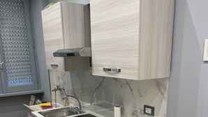 A modern kitchen with a built-in stove, sink, and cabinets.