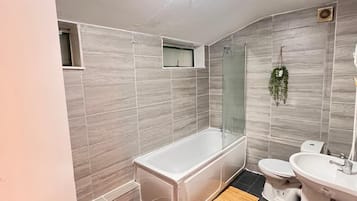 Hair dryer, towels, soap, shampoo