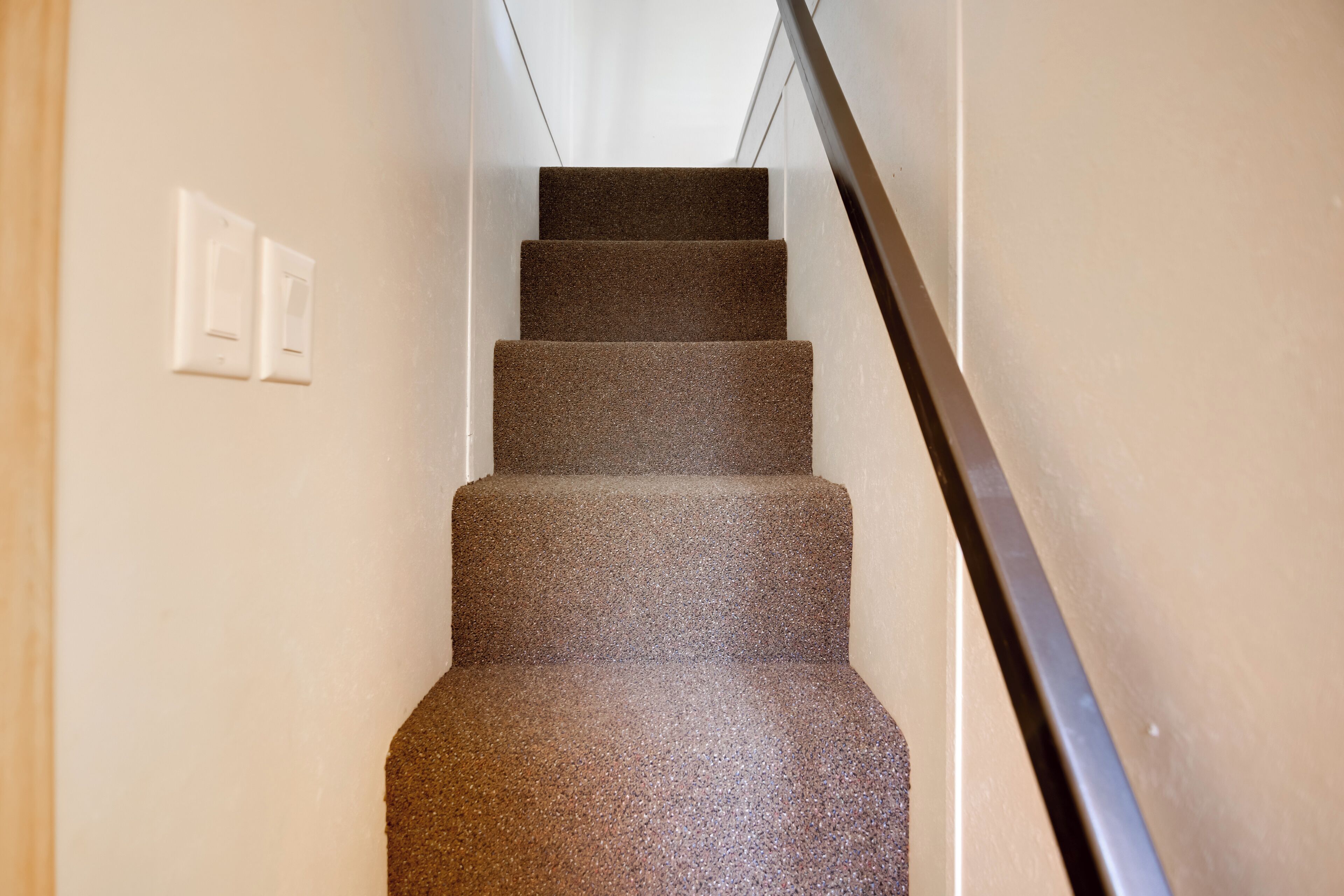 A carpeted staircase with a handrail, white wall, and a light switch.