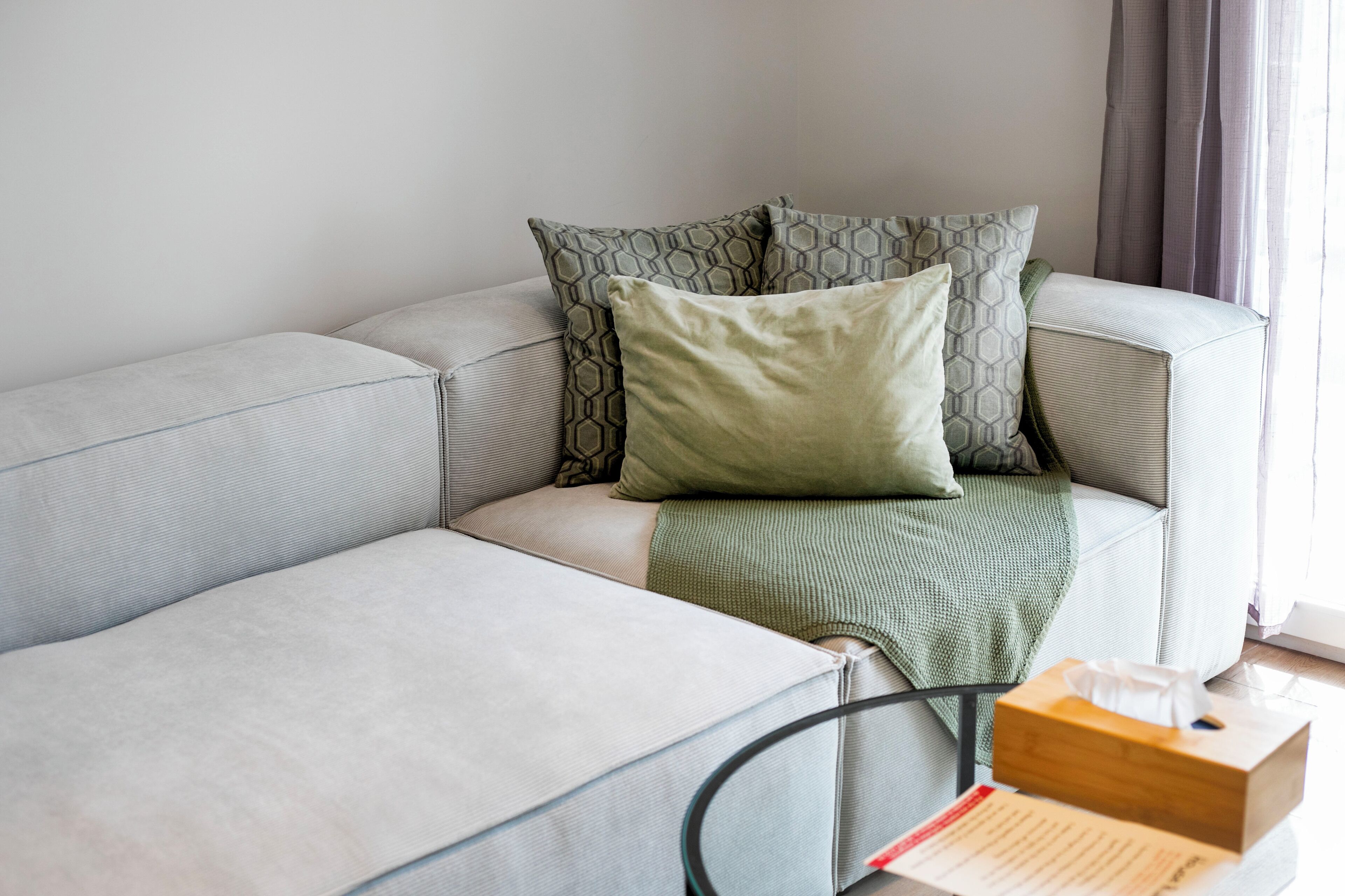 A modern living room with a grey sectional sofa, a green throw blanket, and a tissue box on a glass coffee table.