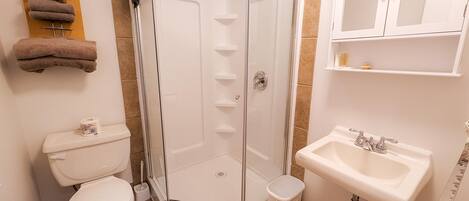 Un baño moderno con ducha de vidrio, inodoro, lavabo y toallero.