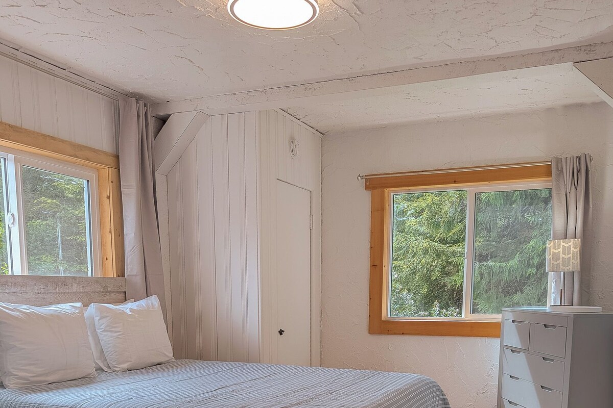 A bedroom with a bed, a dresser, a window with curtains, and a ceiling light.