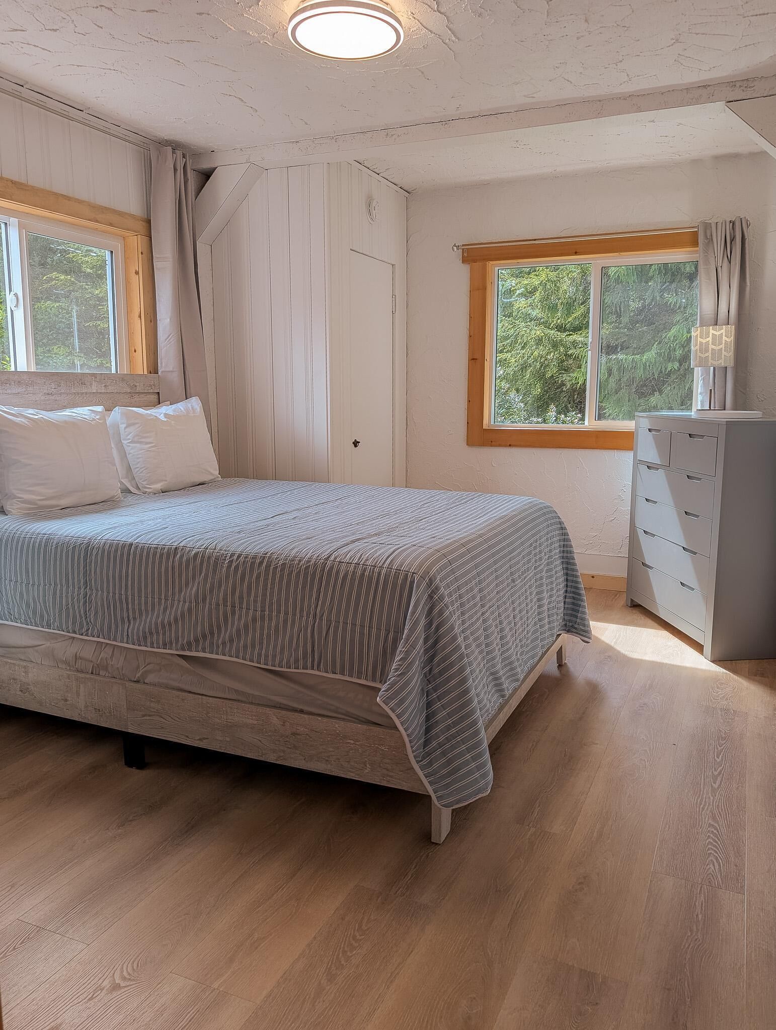 Un dormitorio con cama, cómoda, ventana con cortinas e iluminación en el techo.
