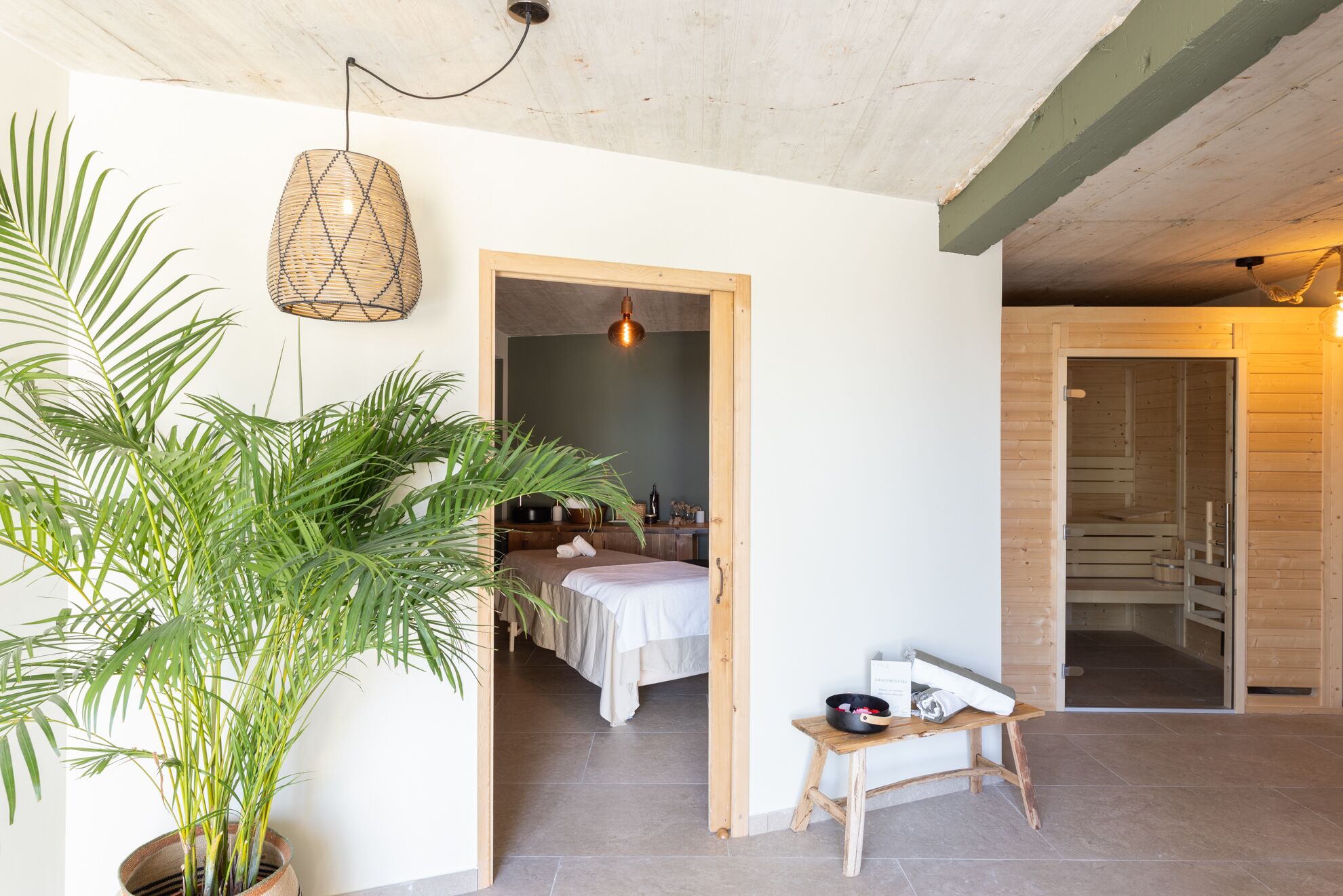 A room with a bed, a wooden bench, a potted plant, and a doorway leading to another room.