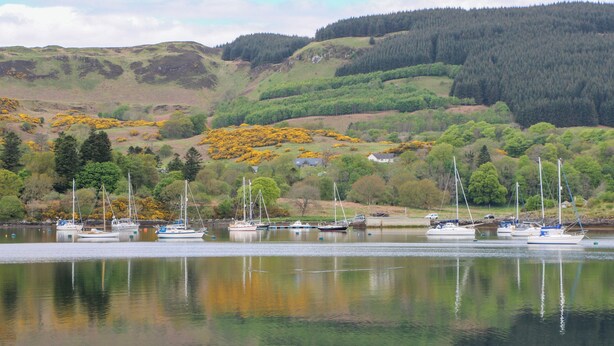 A calm lake with several boats docked, surrounded by hills and trees. - 3 Whin Bank (Oban)