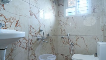 Hair dryer, towels, soap, toilet paper
