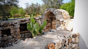 Een oud stenen gebouw met een cactus op de voorgrond.