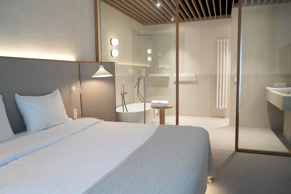 Una habitación de hotel moderna con una cama grande, un área de ducha con vidrio y un baño pequeño con lavamanos.