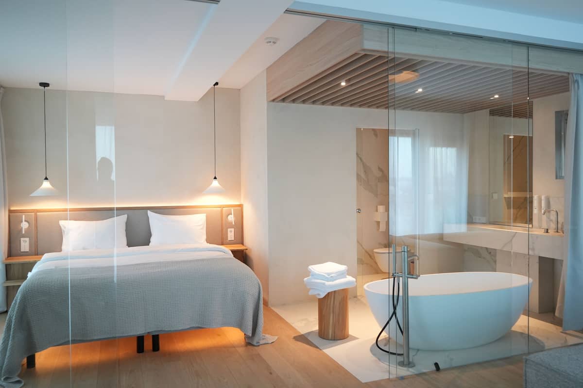 Una habitación de hotel moderna con una cama grande, lámparas de noche, cabina de ducha de vidrio y una bañera independiente.