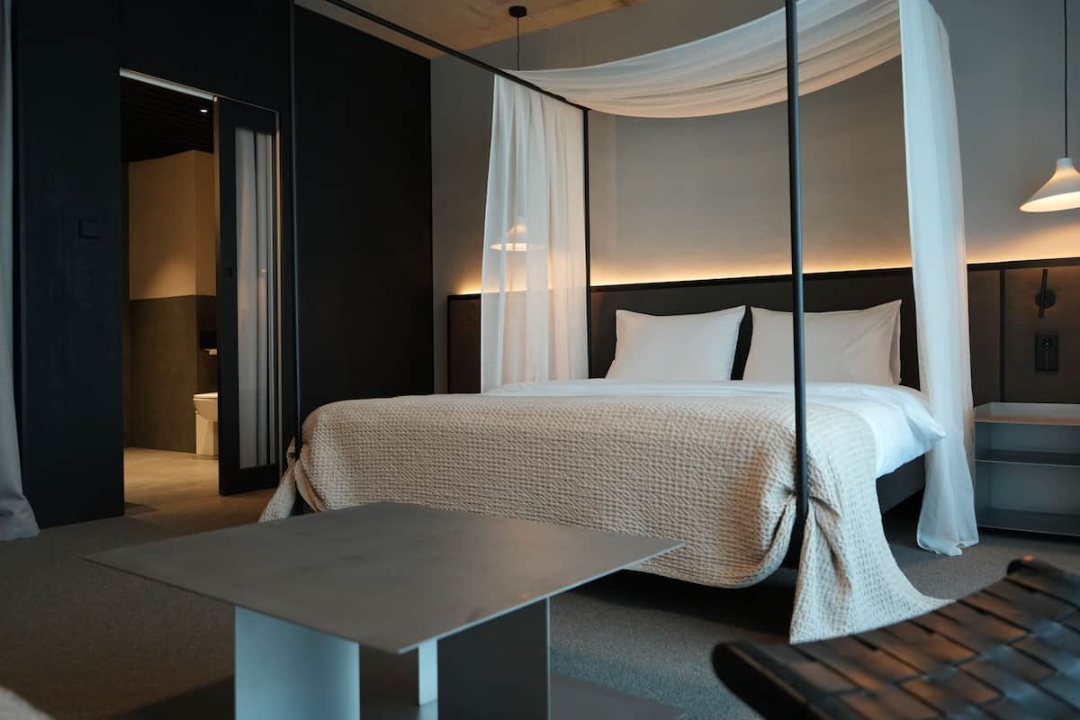 Una habitación de hotel moderna con una cama grande, una mesita de noche y un dosel.