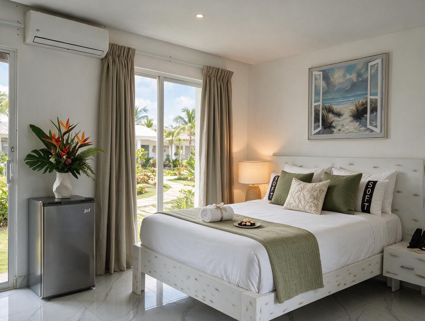 A hotel room with a bed, a nightstand, a lamp, a plant, and a view of the outdoors.