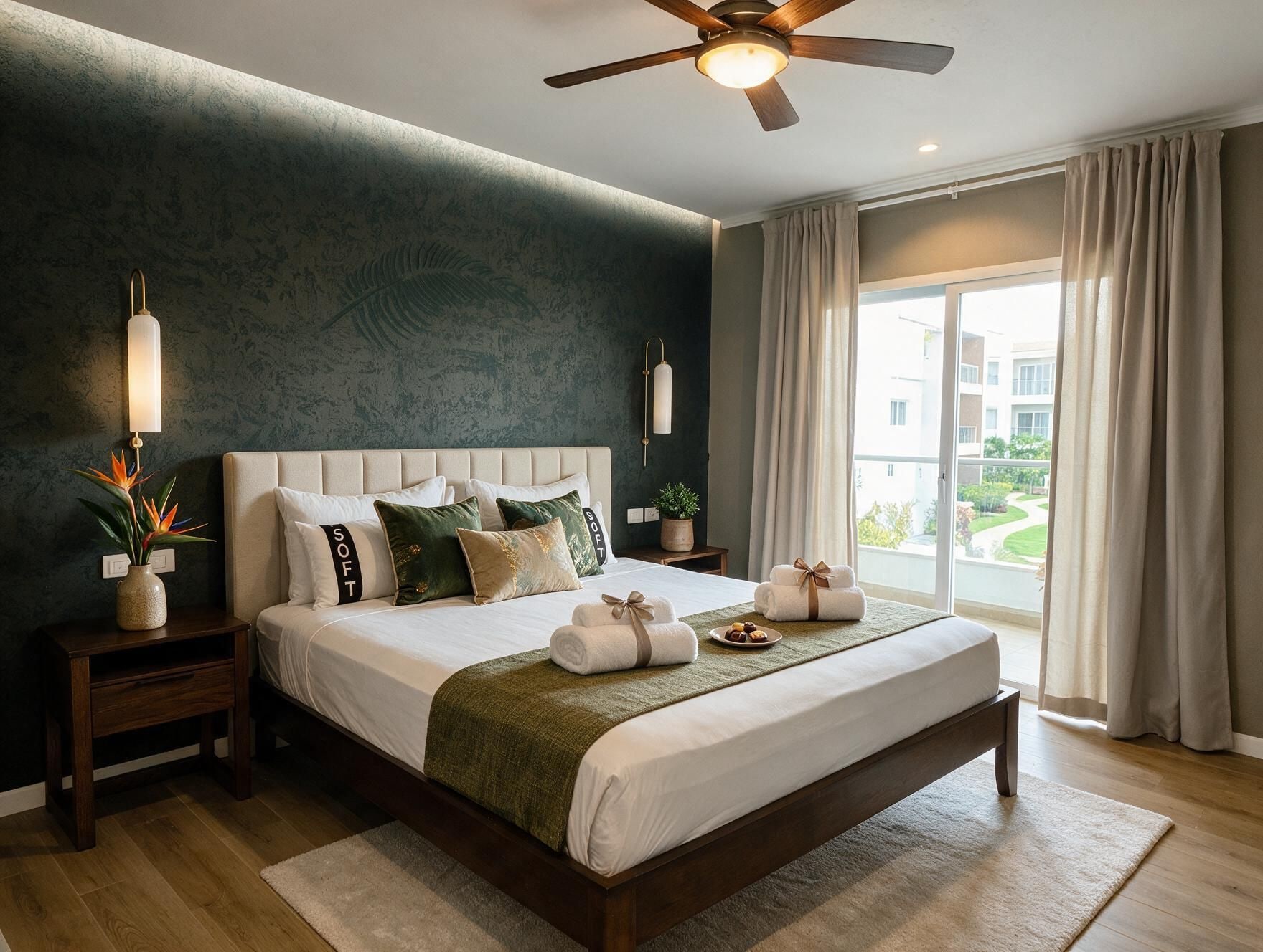A modern bedroom with a large bed, a ceiling fan, and a view of the outdoors.