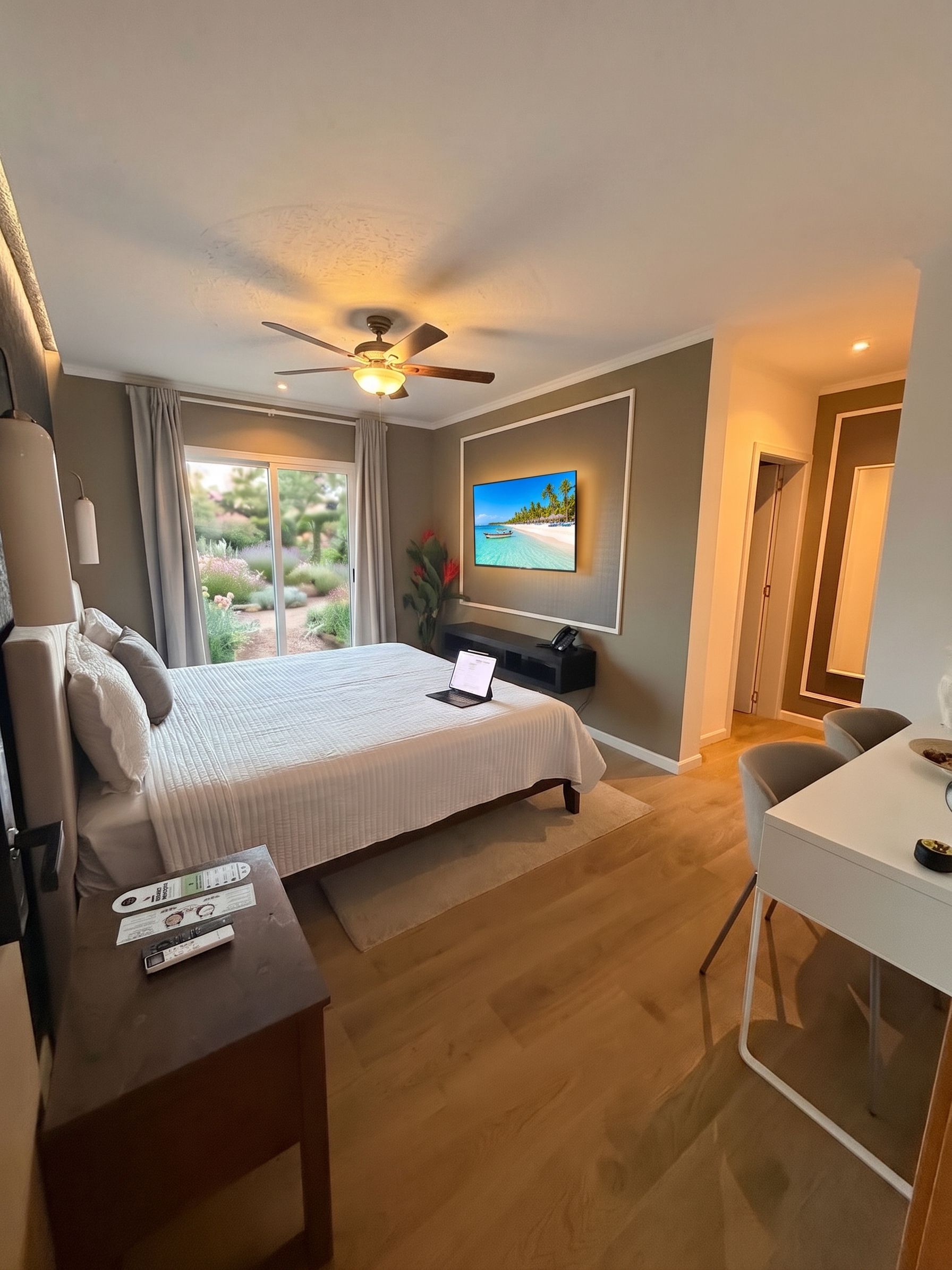 A hotel room with a bed, a desk, a chair, a TV, and a ceiling fan.