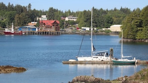 A marina with boats docked, a red building, and a forested hill in the background. - Ucluelet/Ocean/Treehouse Cabin - hot tub, kitchen, deck, Roku TV (Alberni Clayoquot Regional District)