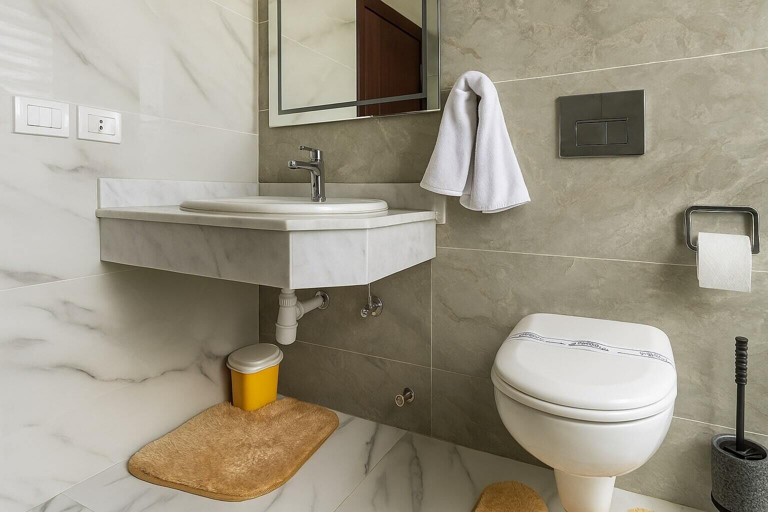 Ein Badezimmer mit einem weißen Waschbecken, einer Toilette und einem Spiegel über dem Waschbecken.