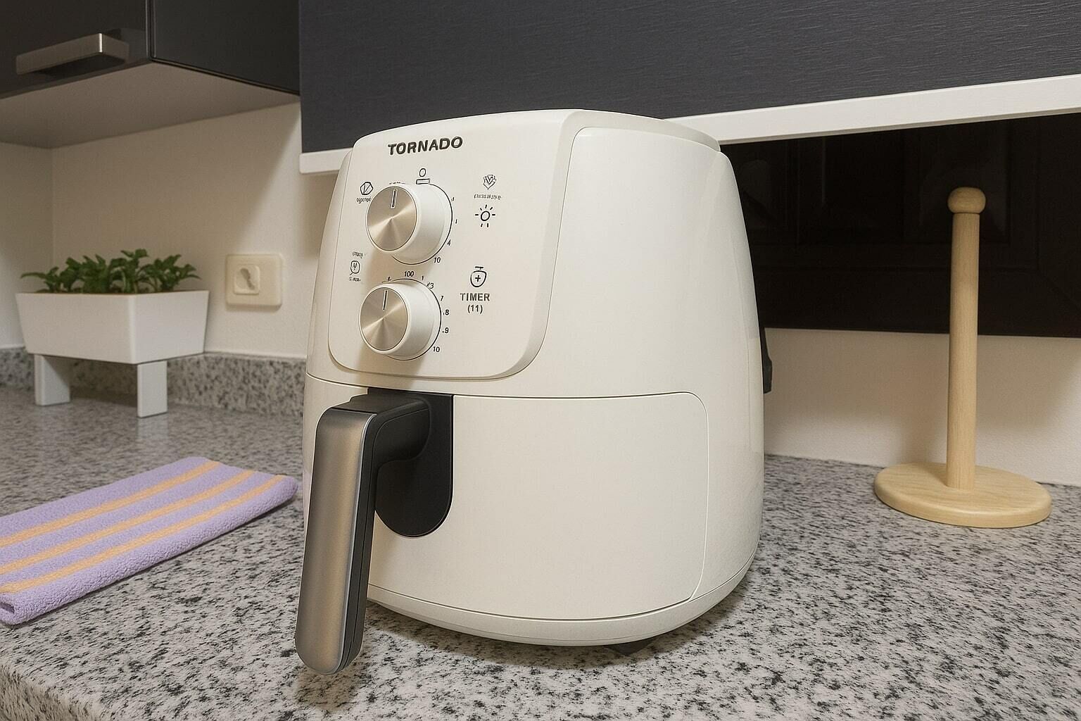 A white air fryer with a timer and control knobs, placed on a granite countertop.