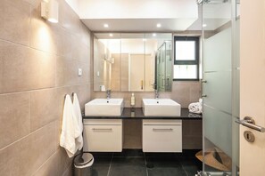 Shower, hair dryer, bidet, towels