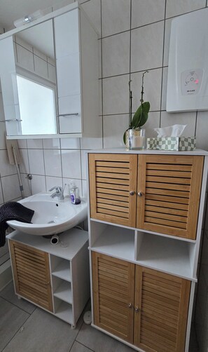 A bathroom with a white sink, mirror, and wooden cabinets. - Cozy TinyHouse with garden in the nature park (Rorodt)