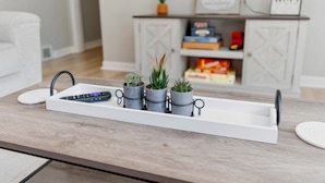 A kitchen counter with a tray holding a remote control and three potted plants. - Cozy Pet Friendly 3BR - Fenced Yard - 1Mi HPU & DwnTwn - Furniture Market (High Point)