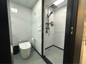 Hair dryer, towels, shampoo, toilet paper