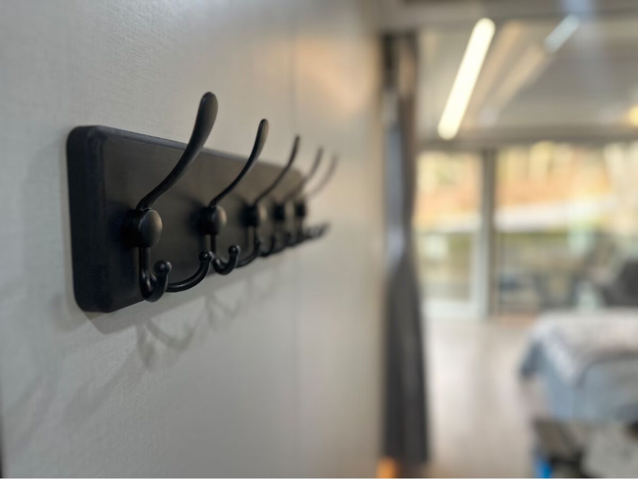 A wall-mounted hook system with multiple hooks.