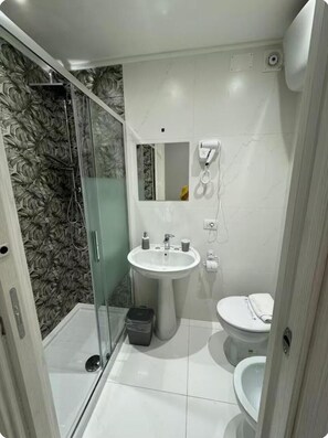 Douche, sèche-cheveux, bidet, serviettes fournies