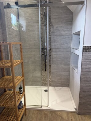 Shower, hair dryer, towels, soap