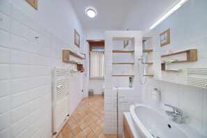 Shower, hair dryer, bidet, towels