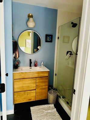 Hair dryer, towels, soap, shampoo