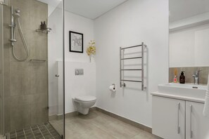 Shower, hair dryer, towels, soap