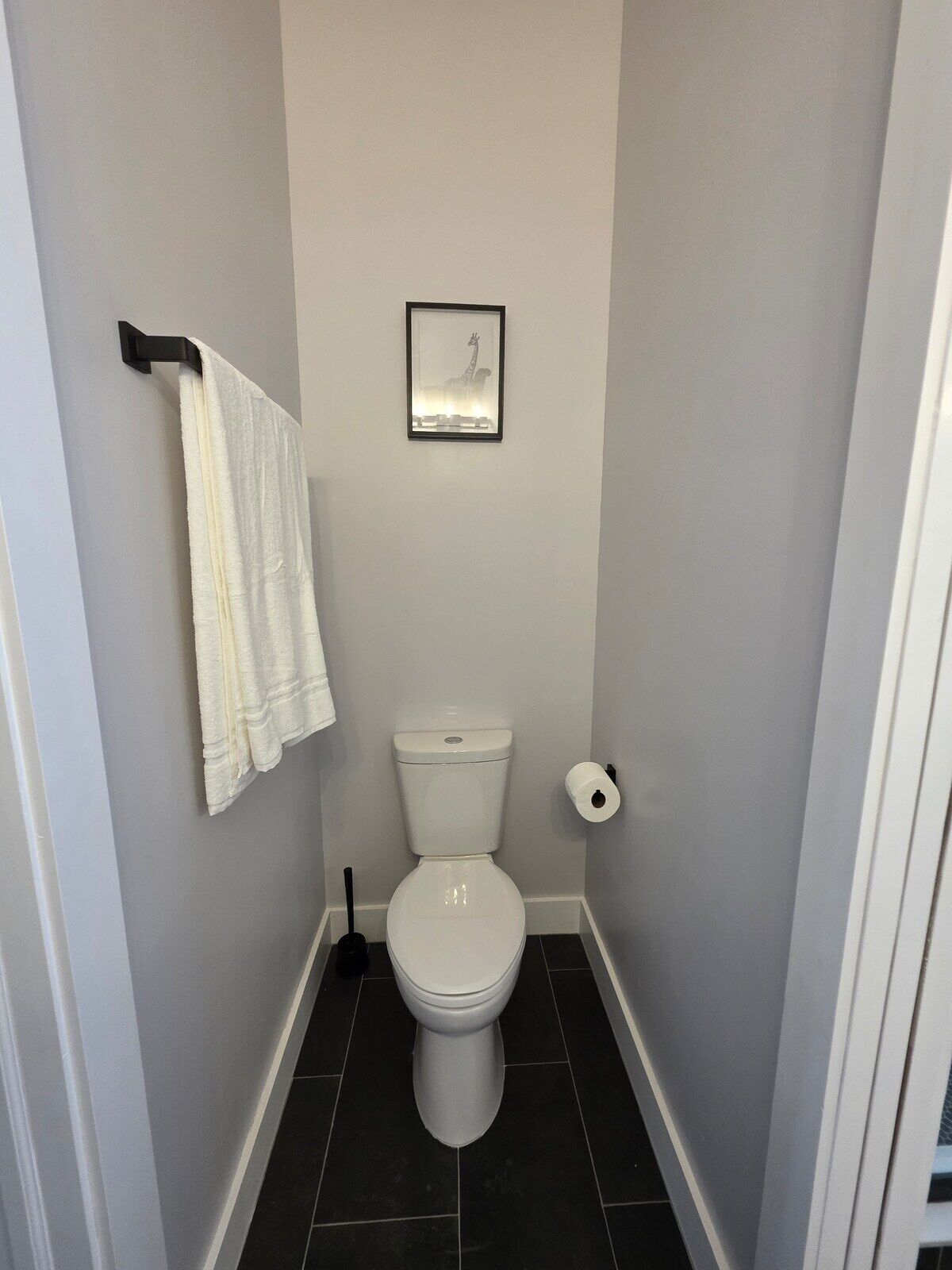 A small bathroom with a toilet, a towel rack with a folded towel, a picture on the wall, and a toilet paper holder.
