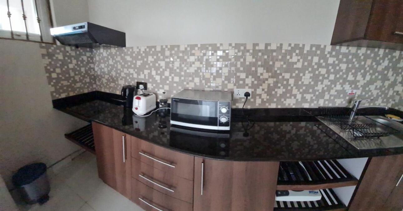 Una cucina accessoriata con forno a microonde, tostapane e lavandino.