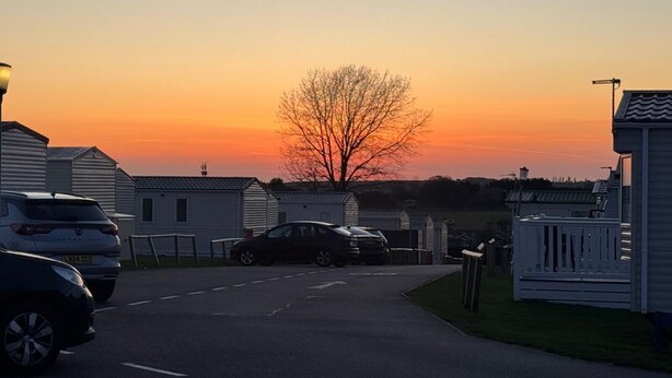 Vista callejera al atardecer con casas móviles, un árbol y automóviles estacionados.