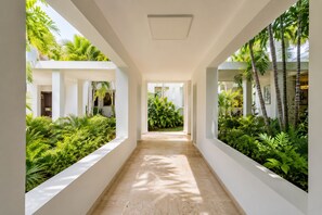 A corridor with white walls, a tiled floor, and lush greenery on both sides.